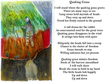 Pastel and poem "Quaking Corn" by Inez Running-rabbit.