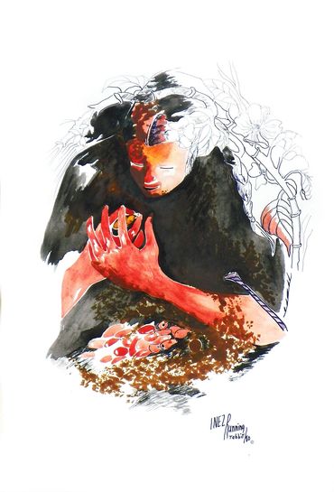 Self Portrait  "My beads" watercolor by Inez Running-rabbit