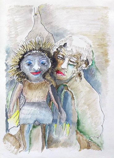 "Self Portrait with My Doll Looked At Me doll" watercolor by Inez Running-rabbit.