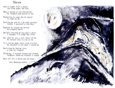 Watercolor "Shrew" and poem "Shrew" by Inez Running-rabbit.