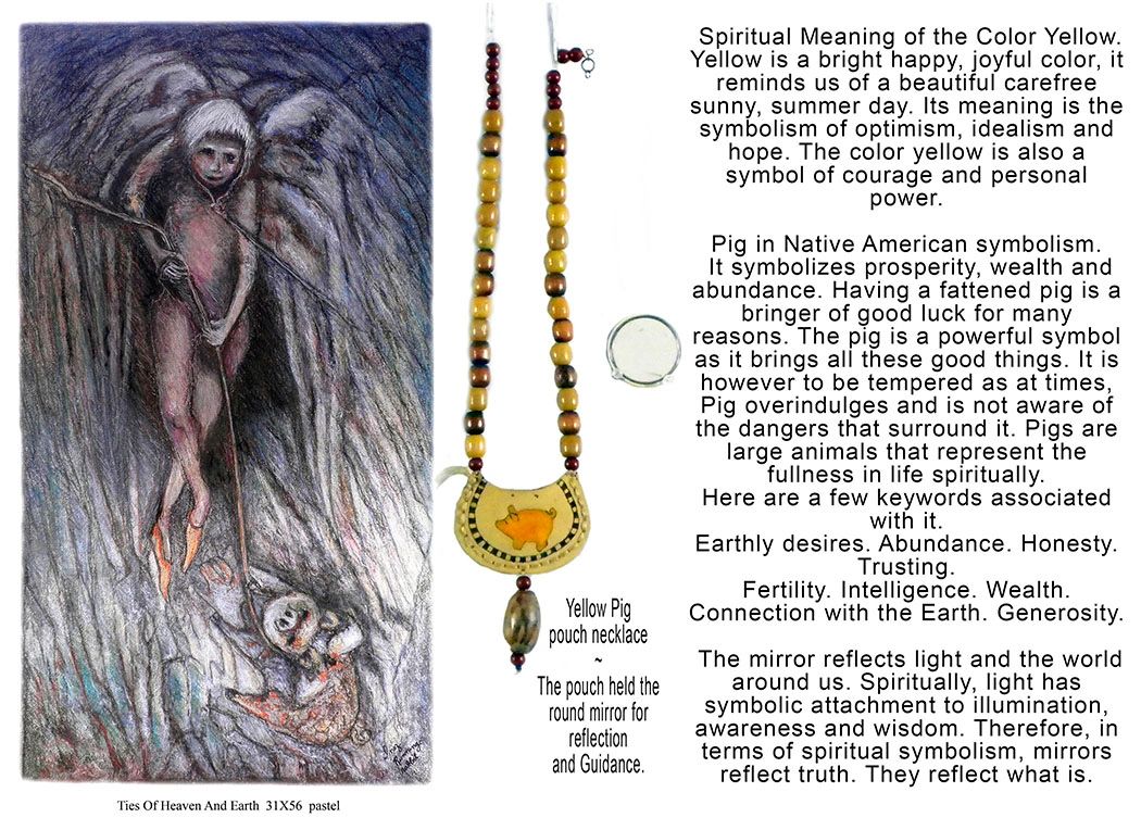 Inez's painting "Ties of Heaven and Earth", the Yellow Pig necklace & pouch and Robin's explanation 