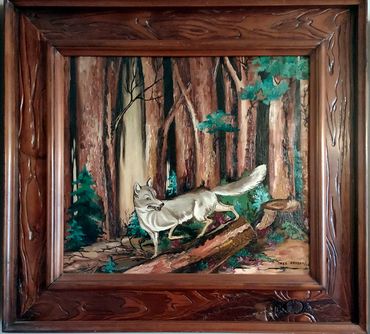 "Wolf" painting by Inez Running-rabbit, framed made by Inez Running-rabbit.
