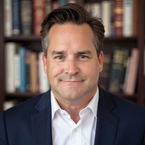 Man in a suit with a bookshelf background.