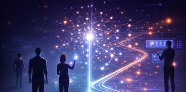 People interacting with futuristic digital network and data visualization.