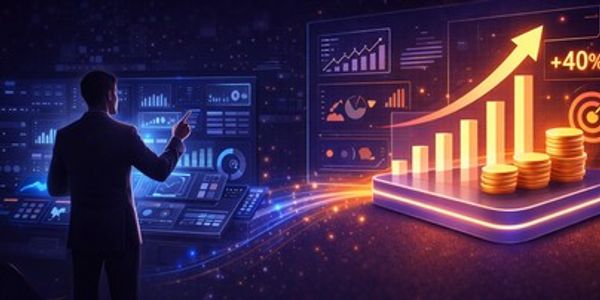 Businessman analyzing digital financial growth charts with rising profits.