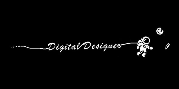 Astronaut drawing "Digital Designer" with a line on black background.