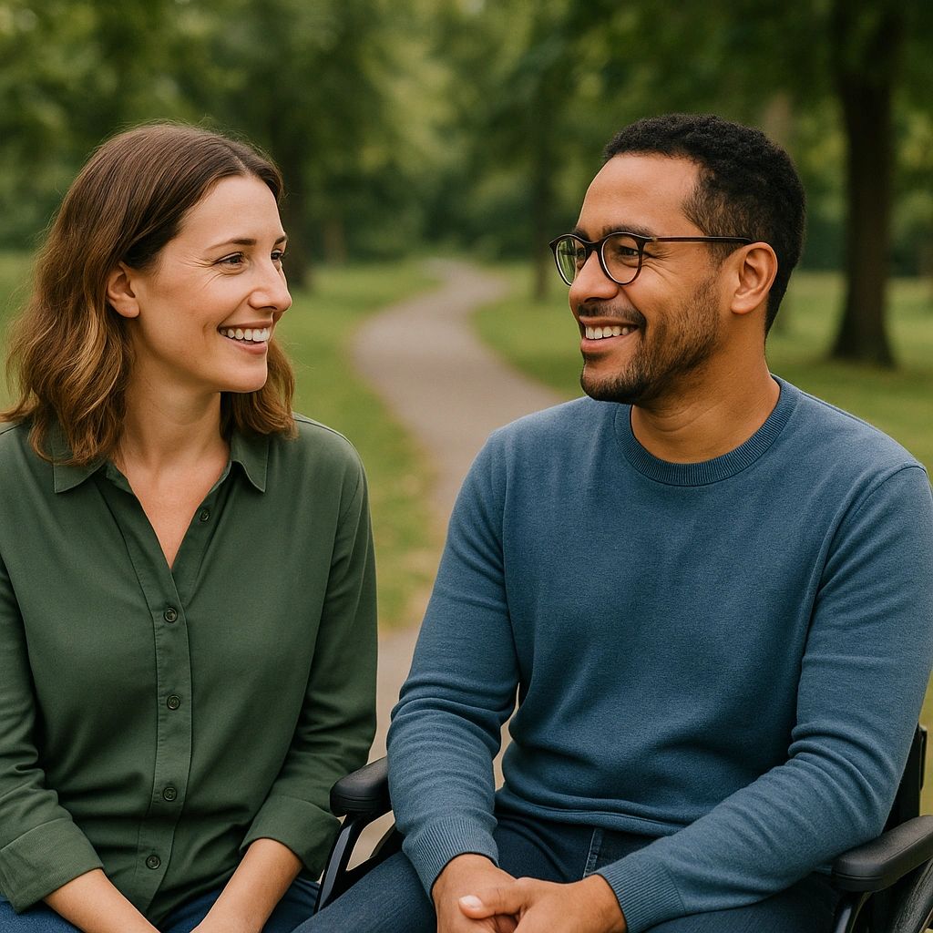 Two people smiling and enjoying a conversation outdoors on a pathway.