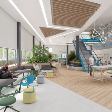 Modern office lounge with wooden accents, plants, and people collaborating.