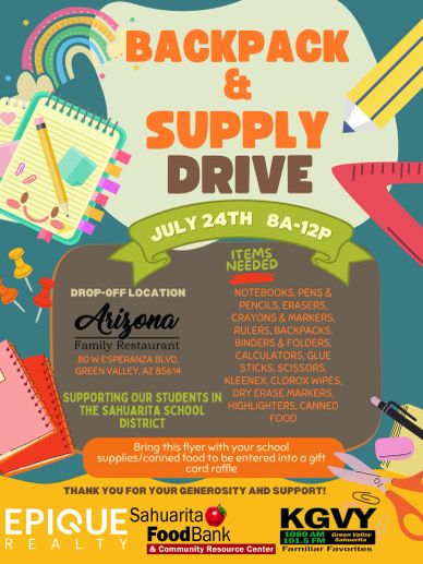 School supply drive on July 24th from 8am to noon. 