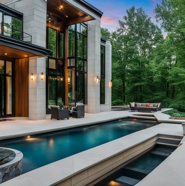 Modern luxury home with pool, fire pit, and forest backdrop at dusk.