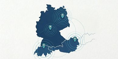 Map of Germany with four pinpointed locations marked by blue markers.
