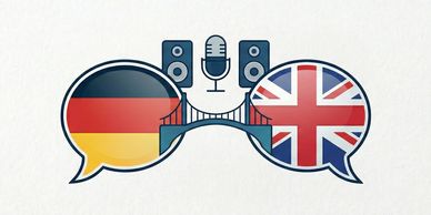 Speech bubbles with German and British flags connected by a bridge and microphone.