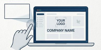Hand clicking on a laptop screen showing a customizable company logo.