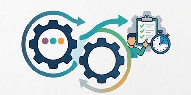 Illustration of gears and a checklist symbolizing workflow and time management.