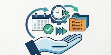 Illustration of project phases and timeline management in a hand.