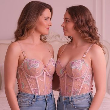 Dos mujeres con corsés bordados y jeans, mirándose con cariño.