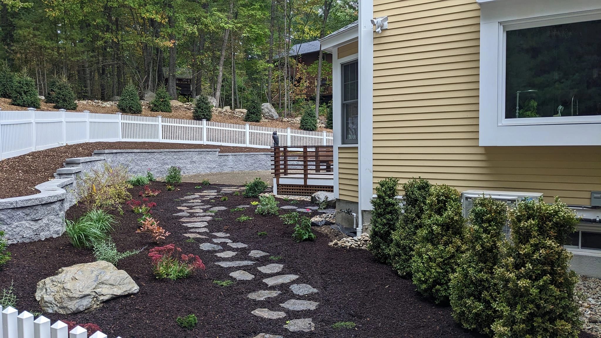 Back retaining wall with lush garden planting
