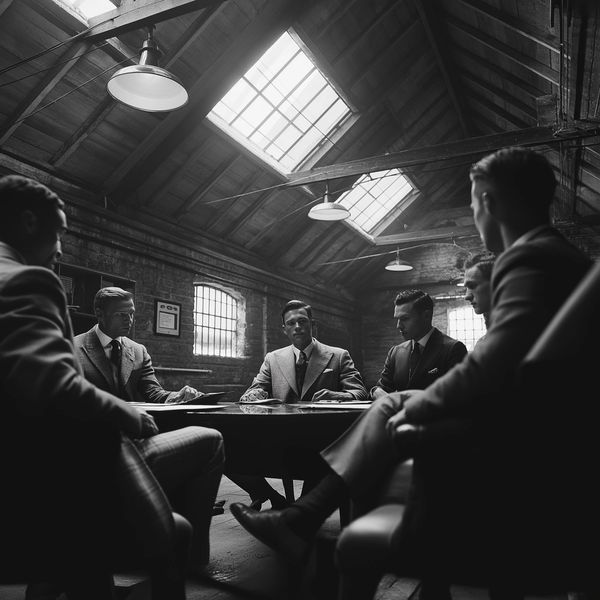 Five men in suits having a serious meeting in a loft office.