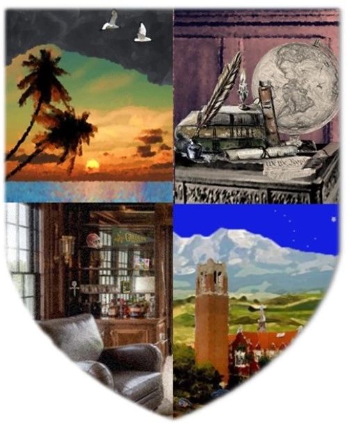 A collage of four distinct scenes: sunset with birds, vintage desk with globe, cozy library corner, and scenic tower landscape.