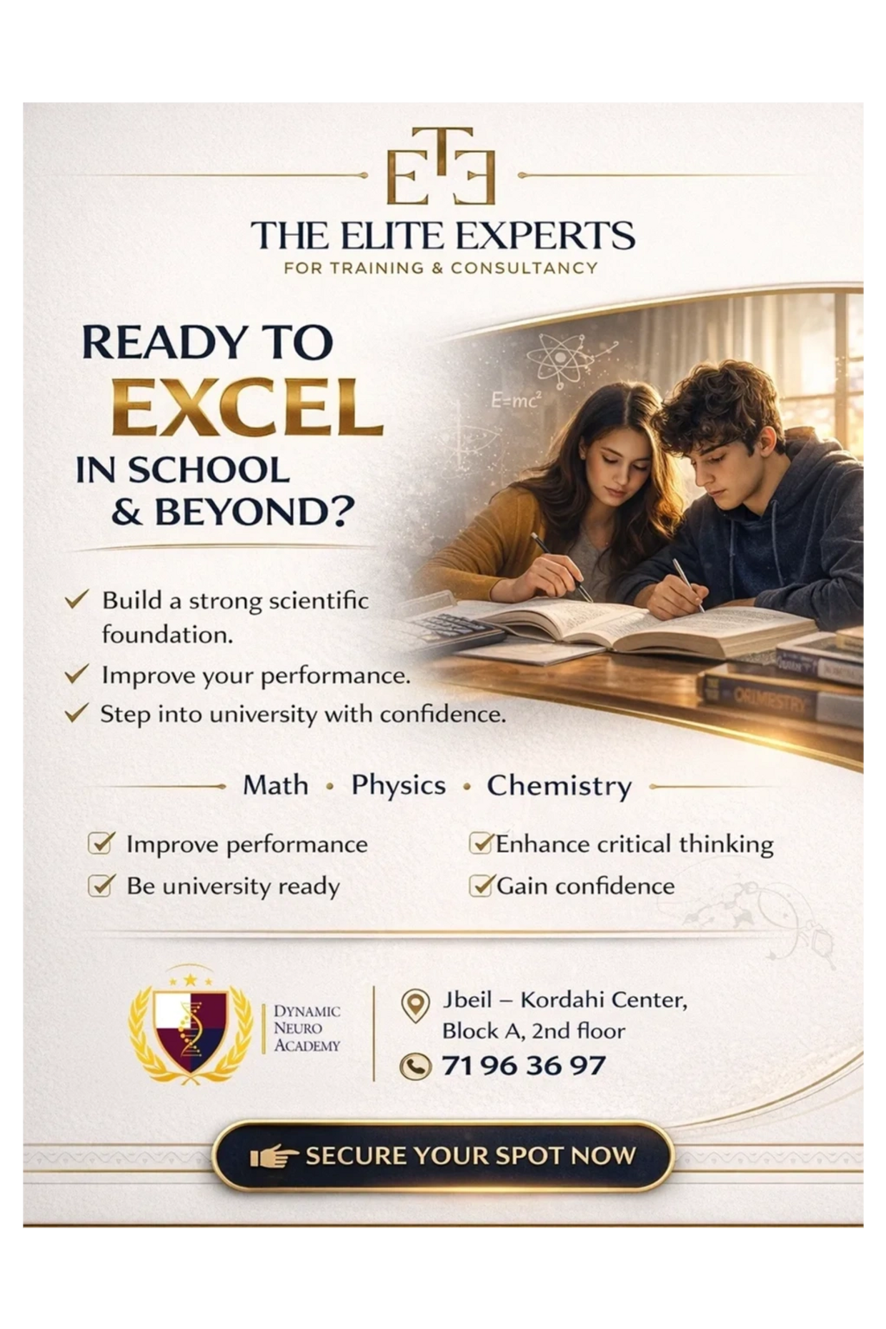 The Elite Experts offers training in Math, Physics, and Chemistry to help students excel in school and beyond.