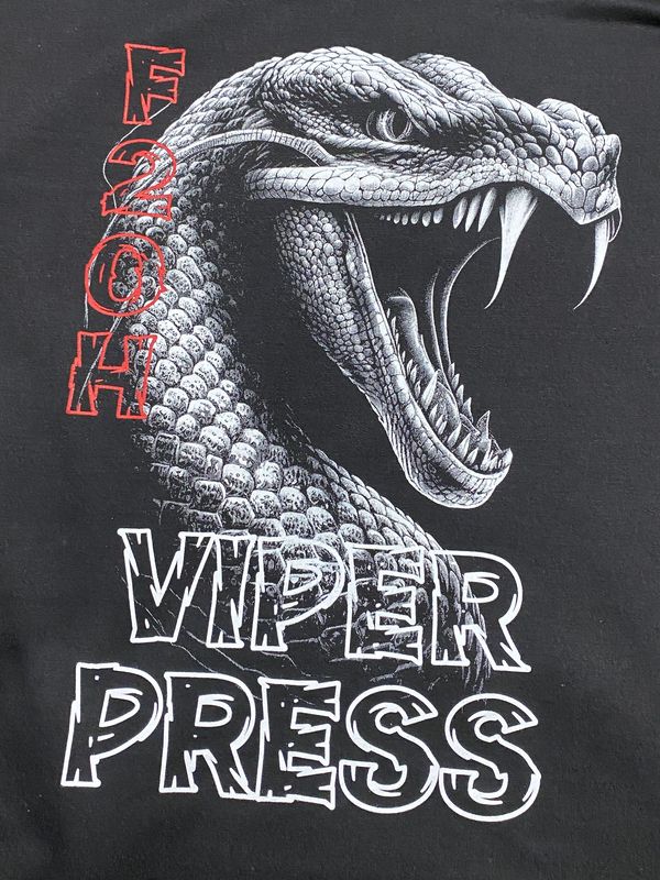 A viper snake screen printed design on a black shirt