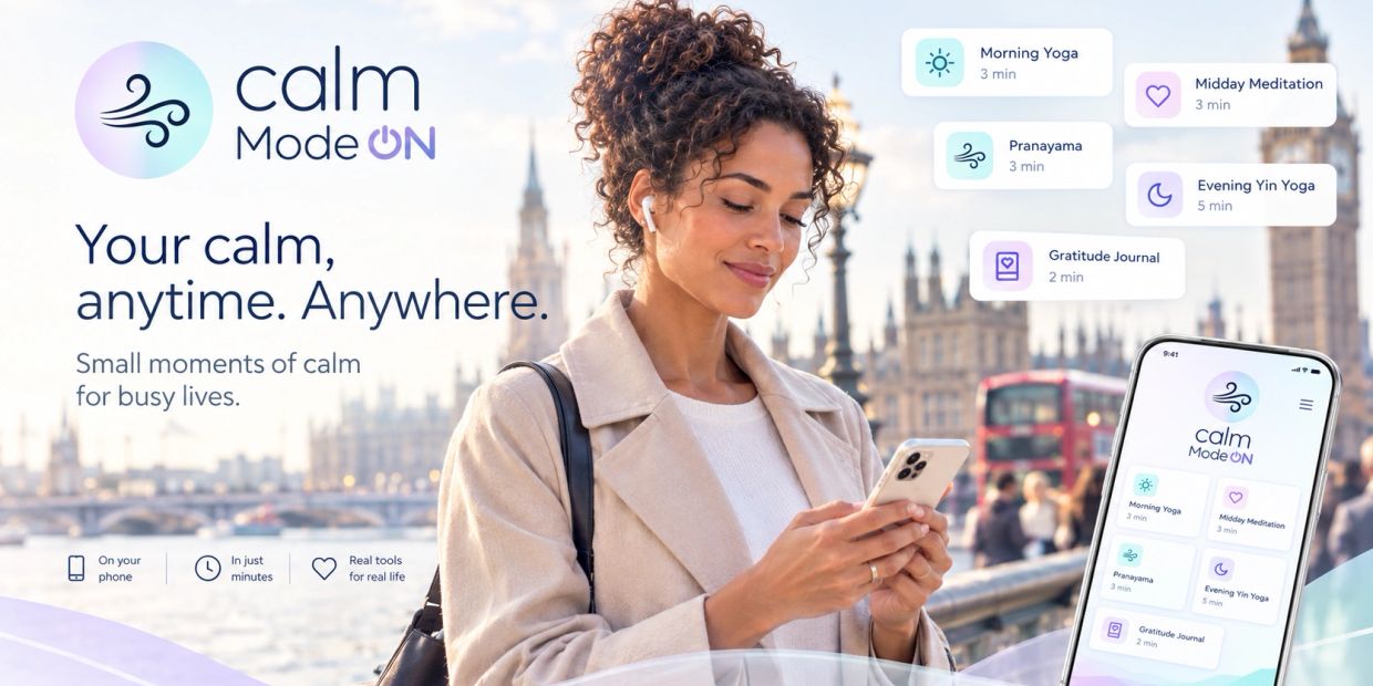 Woman using Calm Mode ON app for mindfulness in a city.