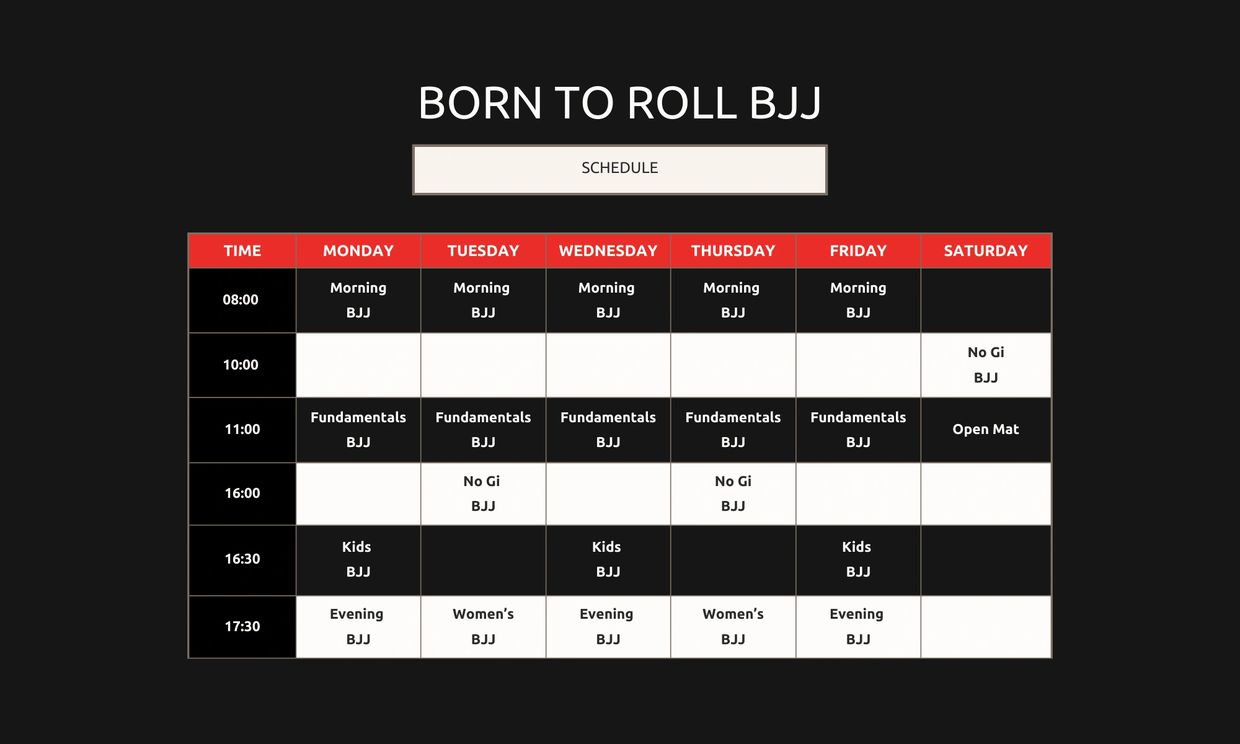 Born to Roll BJJ Phuket class schedule – Gi, No-Gi, kids, and women’s classes