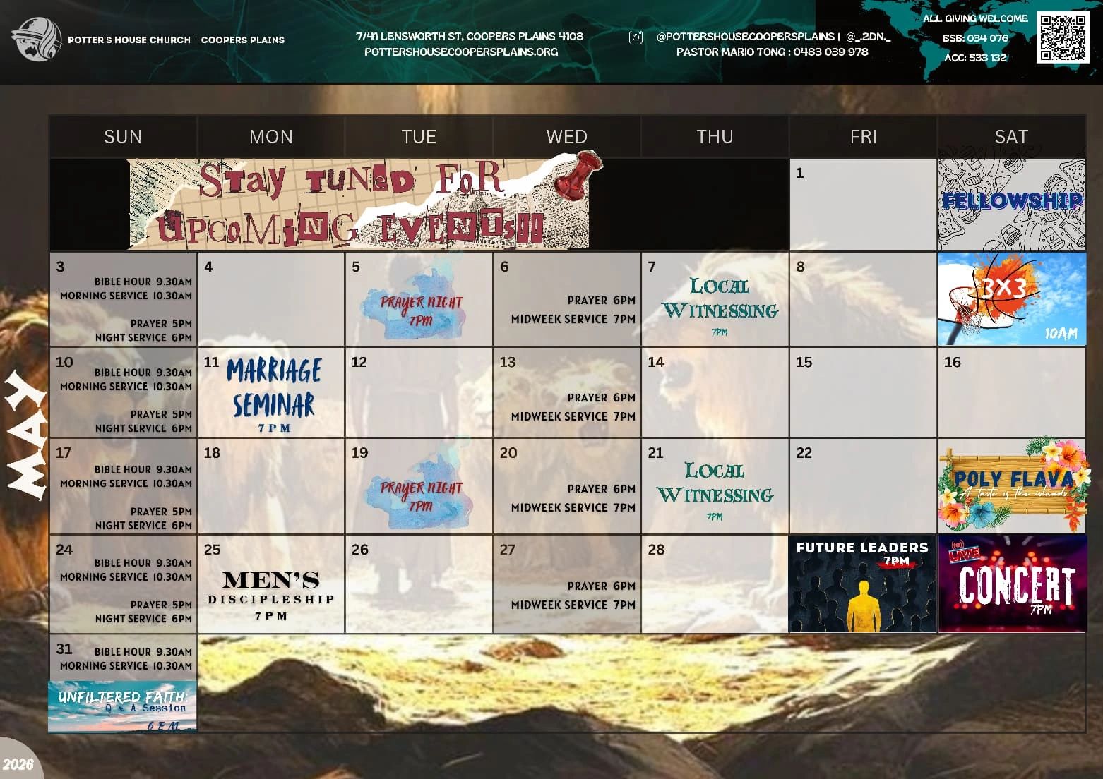 May calendar of events for Potter's House Church including services, prayer nights, seminars, and concerts.