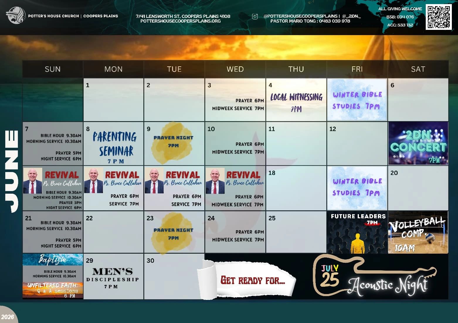 June calendar for Potter's House Church with events like revival, prayer nights, and acoustic night on July 25.