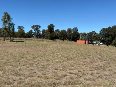 Open grassy field with trees and a small structure.