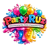 Colorful PartyRuz logo with balloons and confetti.