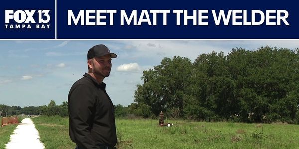 Man standing on a grassy path with trees, titled 'Meet Matt the Welder.'
