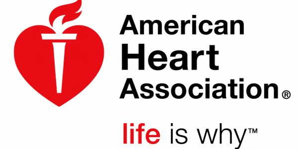 Logo of the American Heart Association with a red heart and torch icon.