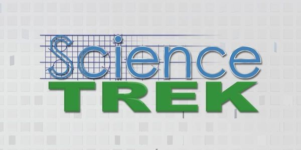 Logo of Science Trek with blue and green text on a grid background.