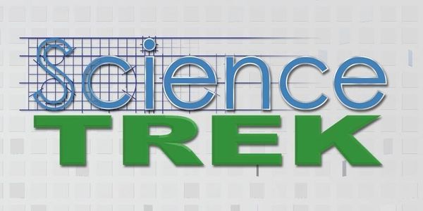 Logo of Science Trek with blue and green text on a grid background.
