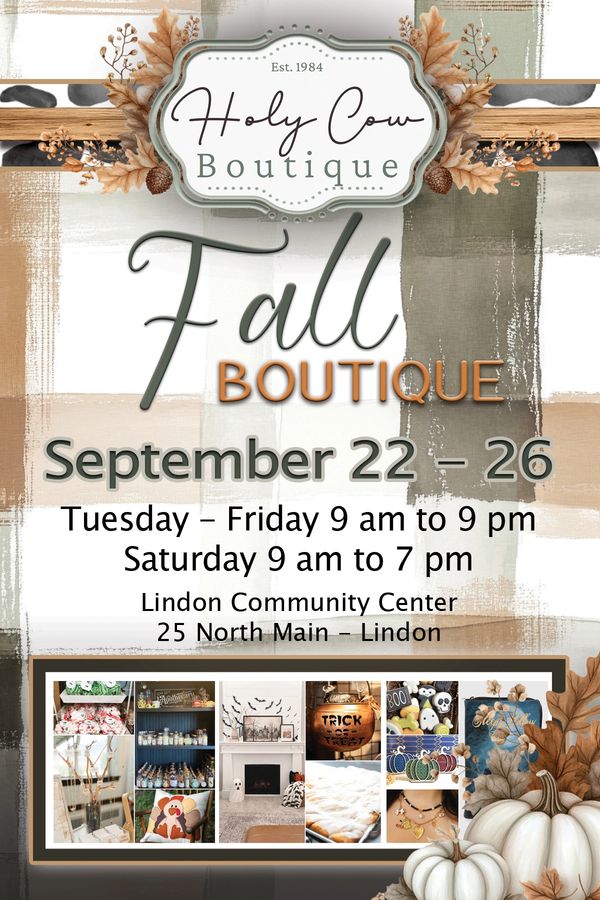 Fall Boutique event at Holy Cow Boutique from September 22-26 at Lindon Community Center.