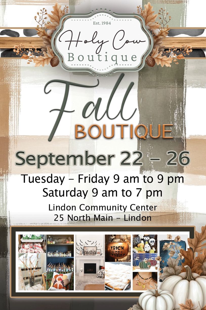 Fall Boutique event at Holy Cow Boutique from September 22-26 at Lindon Community Center.