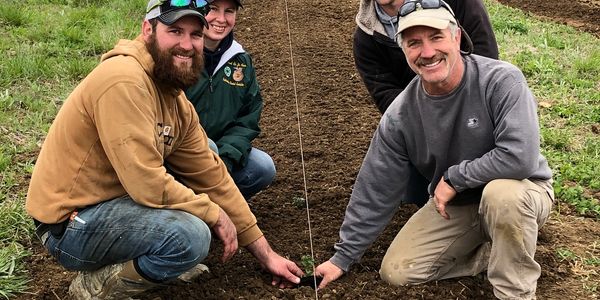 Jimmy, Kayla, Tim Jr. and Tim Sr. plant the first Chinnok hop plant in the Four Finger Hops hop yard