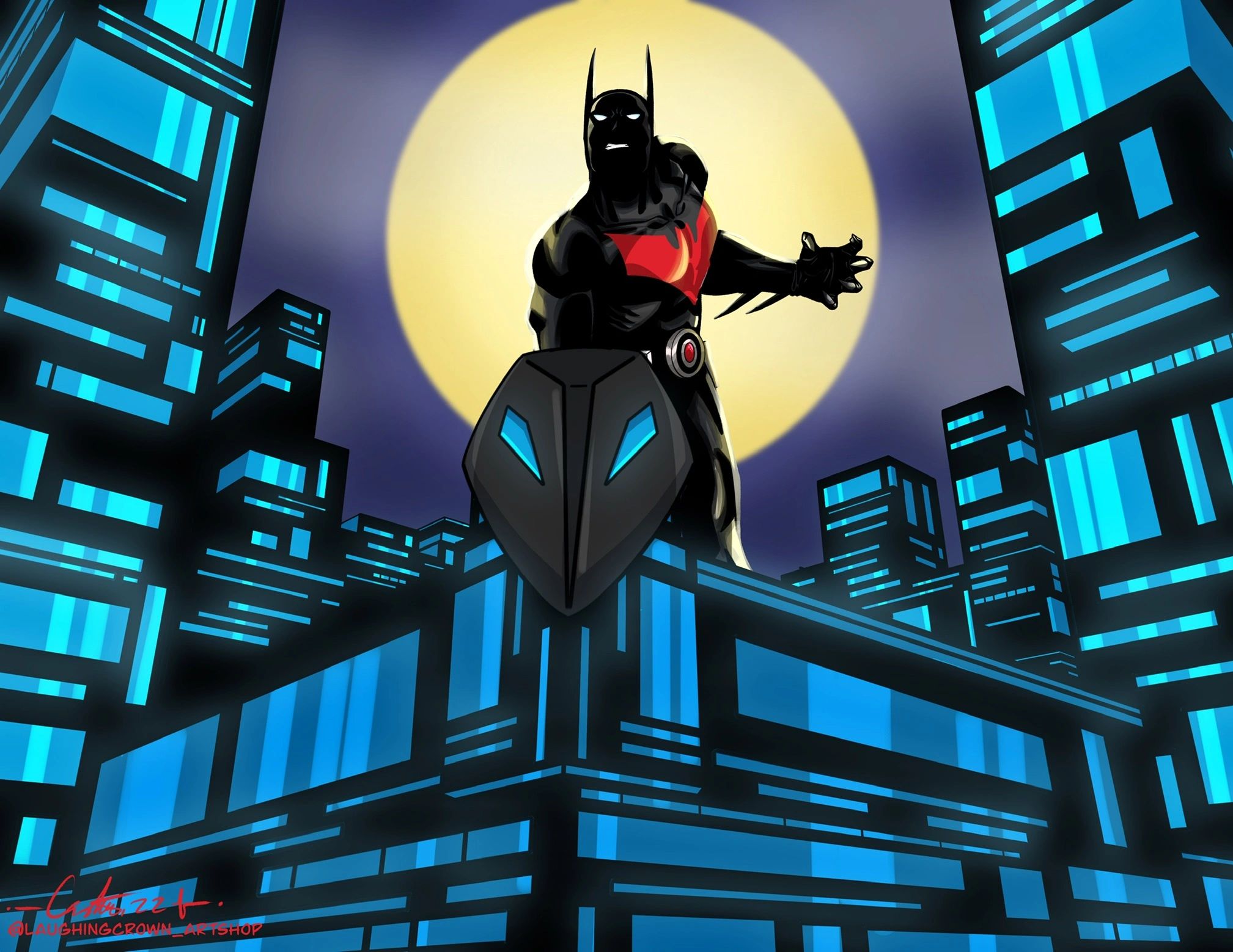 Batman Beyond stands poised on a rooftop at night.