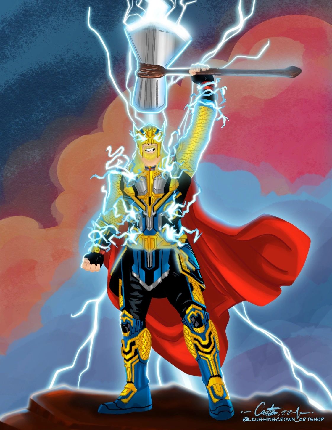 A superhero with a glowing hammer amid lightning.
