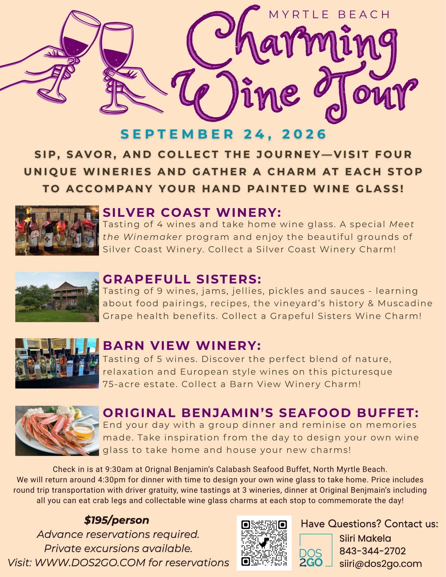 Myrtle Beach Charming Wine Tour on September 24, 2026, visiting four unique wineries.