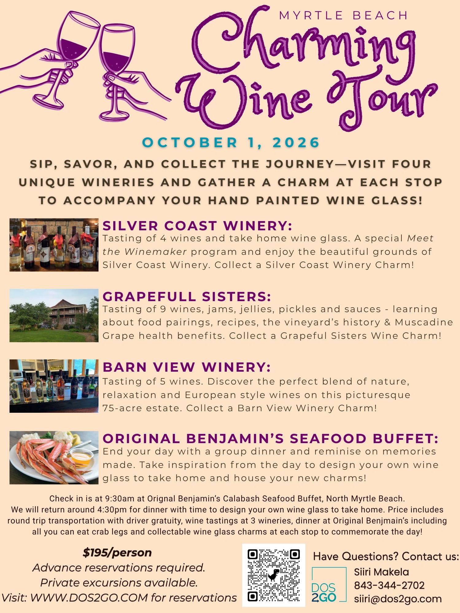 Myrtle Beach Charming Wine Tour event on October 1, 2026, visiting wineries with wine tastings and charms.