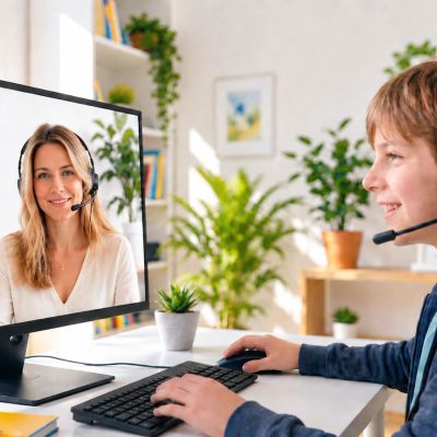 Enfant fait une visioconférence avec une femme.