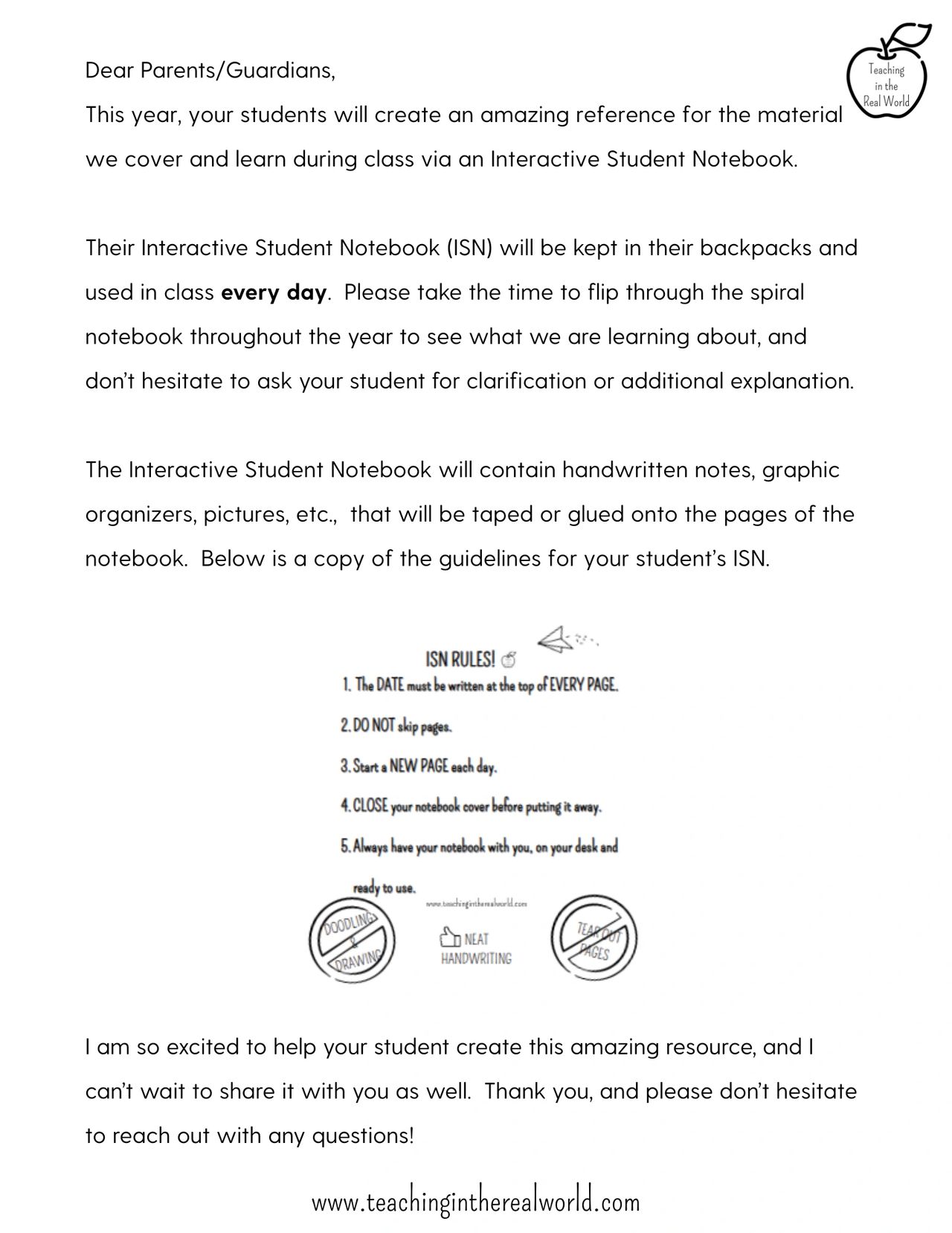 ISN Parent Letter Teacher Resource