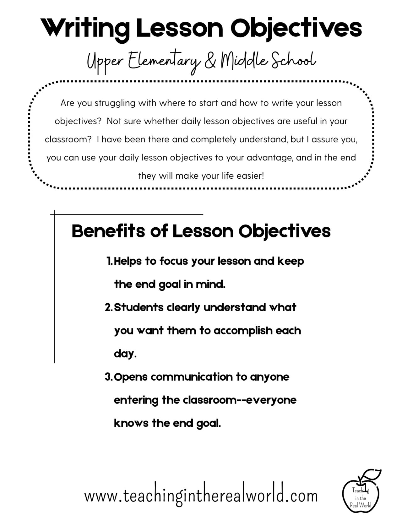 teacher guide to lesson objectives