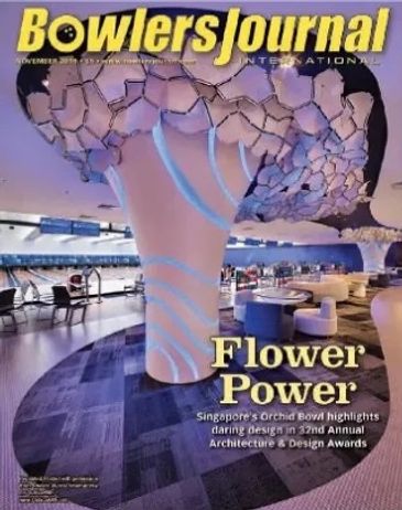 Cover of Bowlers Journal featuring Singapore's Orchid Bowl with unique flower-inspired design.