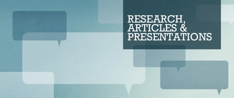 Graphic with speech bubbles and text about research, articles, and presentations.