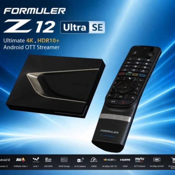 Formuler Z12 Ultra SE Android 4K HDR10+ OTT streamer with remote.