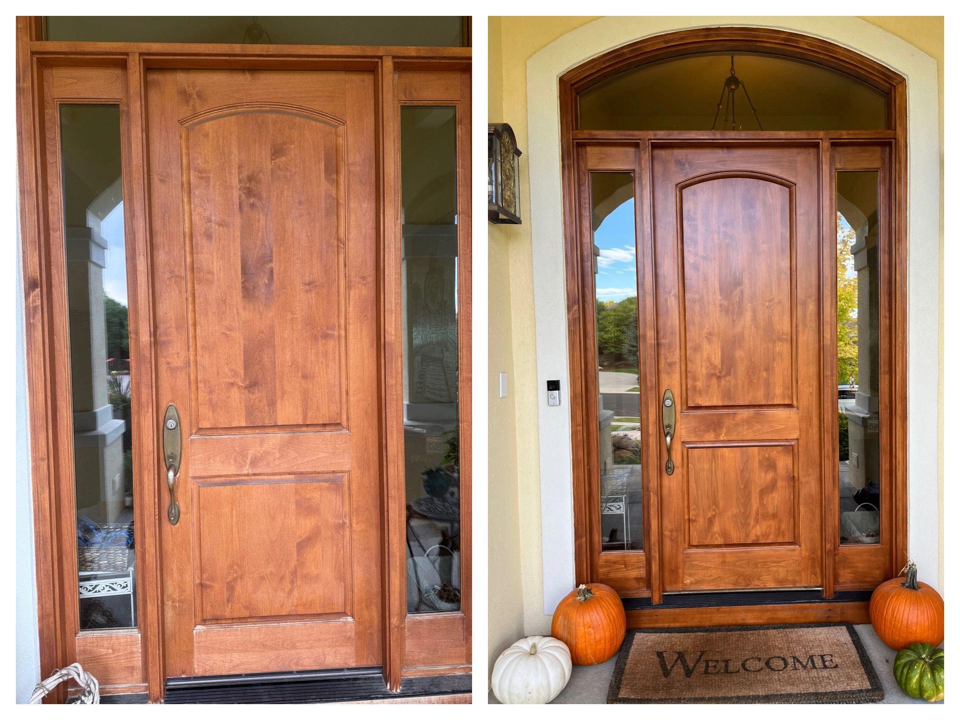 Before and after photos of a wooden front door with sidelights.