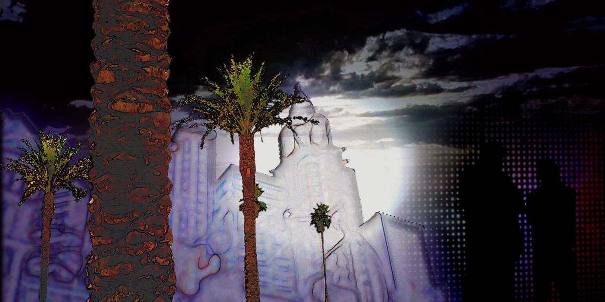 Night scene with palm trees and shadowy figures.